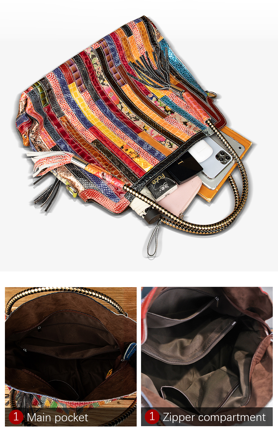 Multi-Color Soft Original Leather Luxury Ladies Patchwork Large Shopper Handbag Shoulder bag Women Design Female Tote bag 445