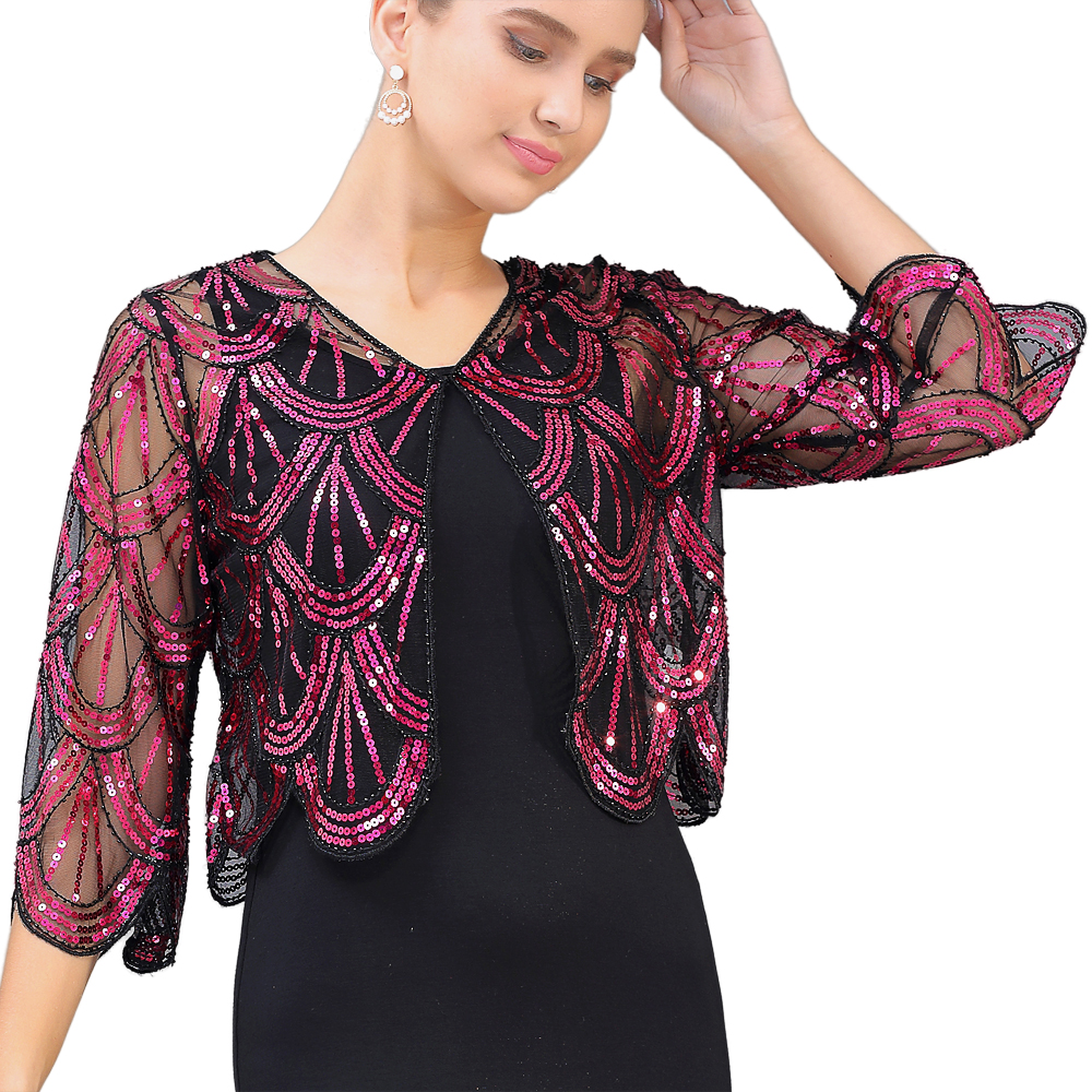 1920s Sequin Shawl Wraps Gatsby Beaded Evening Cape Bridal Bolero Shrug Vintage V-neck Midi Sleeve See-through 20s Party Shawl