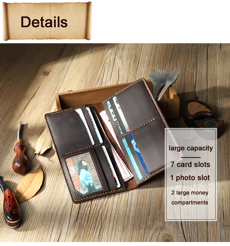 Handmade Vintage Cowhide Genuine Leather Men Wallet Leather Long Wallet Clutch bag tough Male Purse Money Bag Money Clips WF219