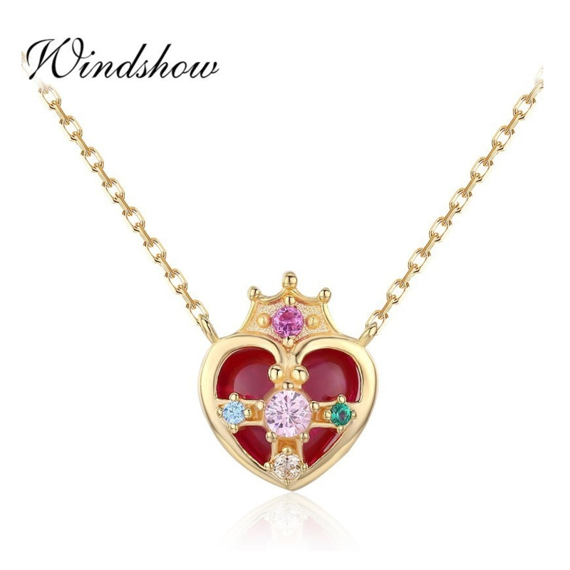 925 Sterling Silver Gold Color Hot Pink Stone Heart Charm Choker Pendant Necklace For Women Girl Heart Of The Universe Jewelry