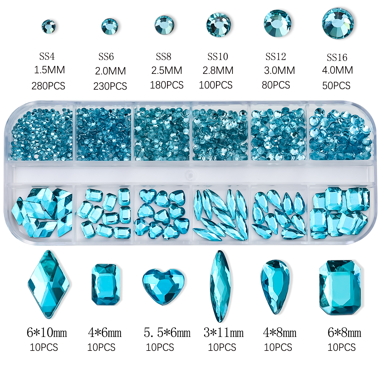 SS4-SS16 Lake Blue Luxury Dimond Nail Jewelry 3D Mixed-Shape Shinying Crystal Nail Rhinestone 1*BoxFlat-back Blue Manicure Stone