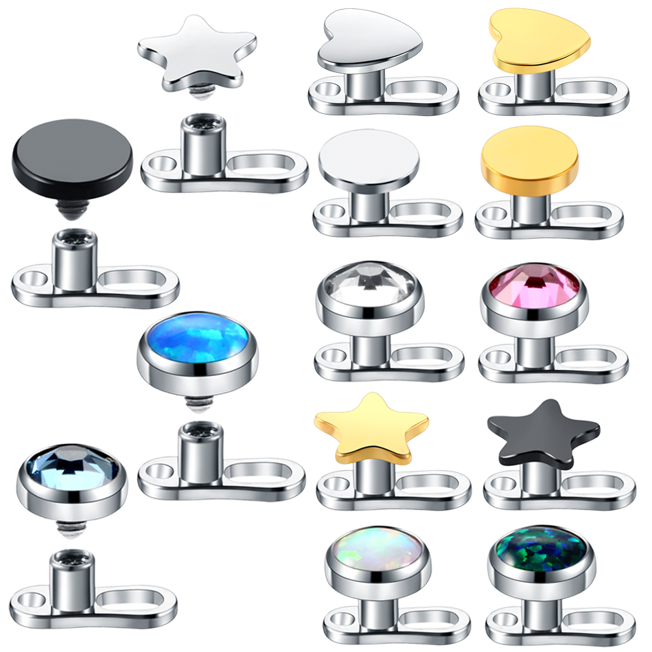 1PC Titanium Mixed Star Round Heart CZ Gem Style Dermal Anchor Top&Base Piercing Skin Diver Surface Piercing Sexy Girl Jewelry