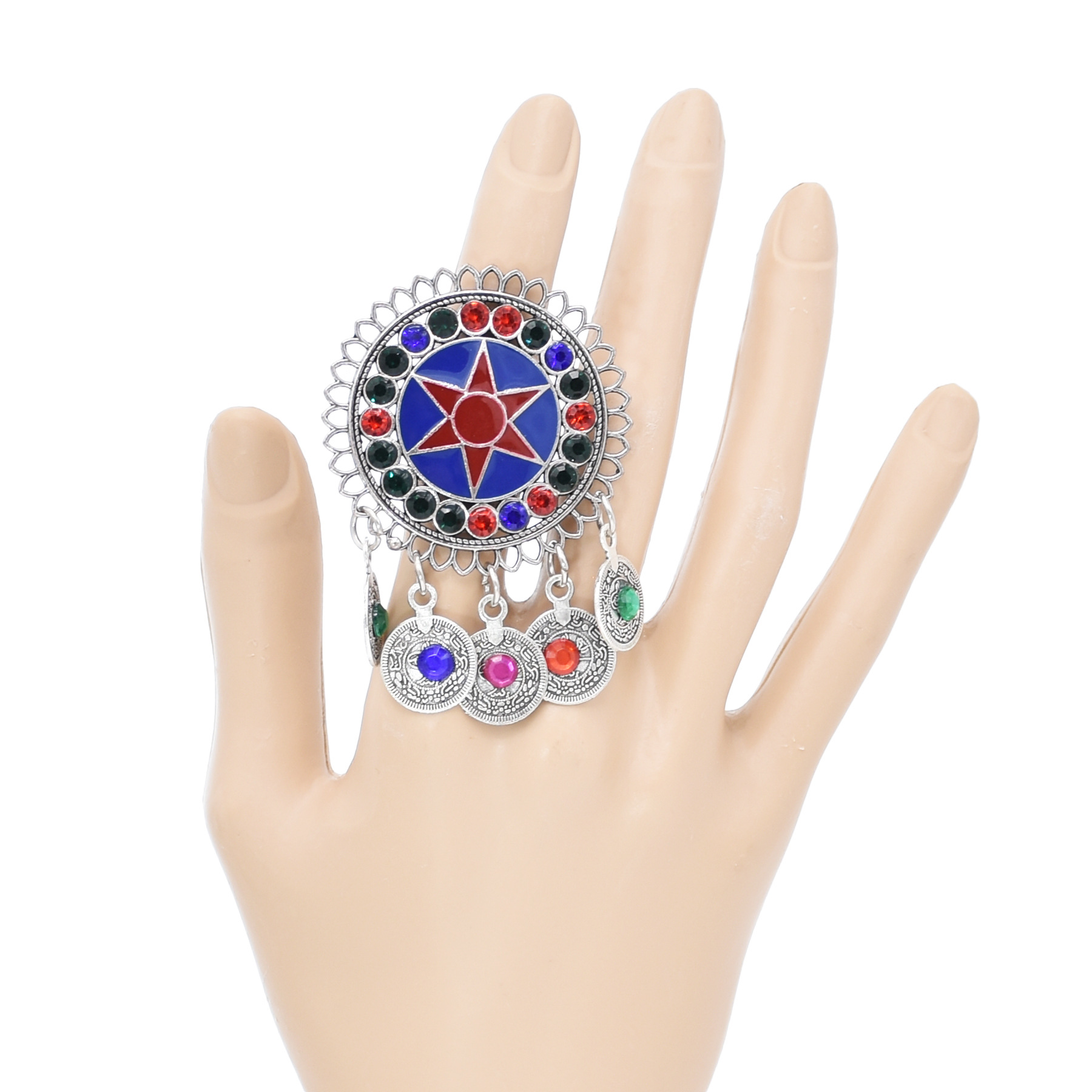 Bohemia Punk Big Round Green Stone Ring For Women Bride Wedding Indian Oxidized Turquoises Finger Adjustable Retro Gypsy Jewelry