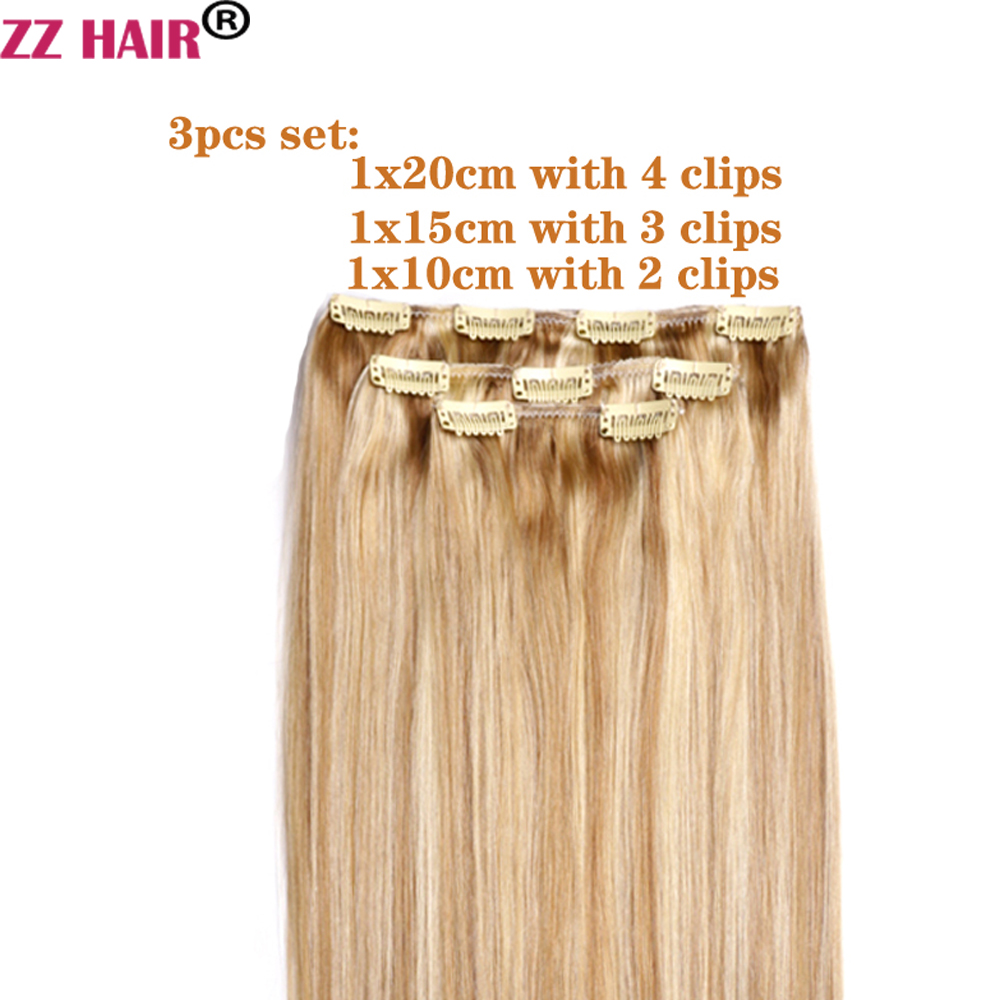 ZZHAIR 100% Human Remy Hair Extensions 16"-24" 100g-200g 3pcs Set 1x20cm 1x15cm 1x10cm Clips-in Three Pieces Natural Straight