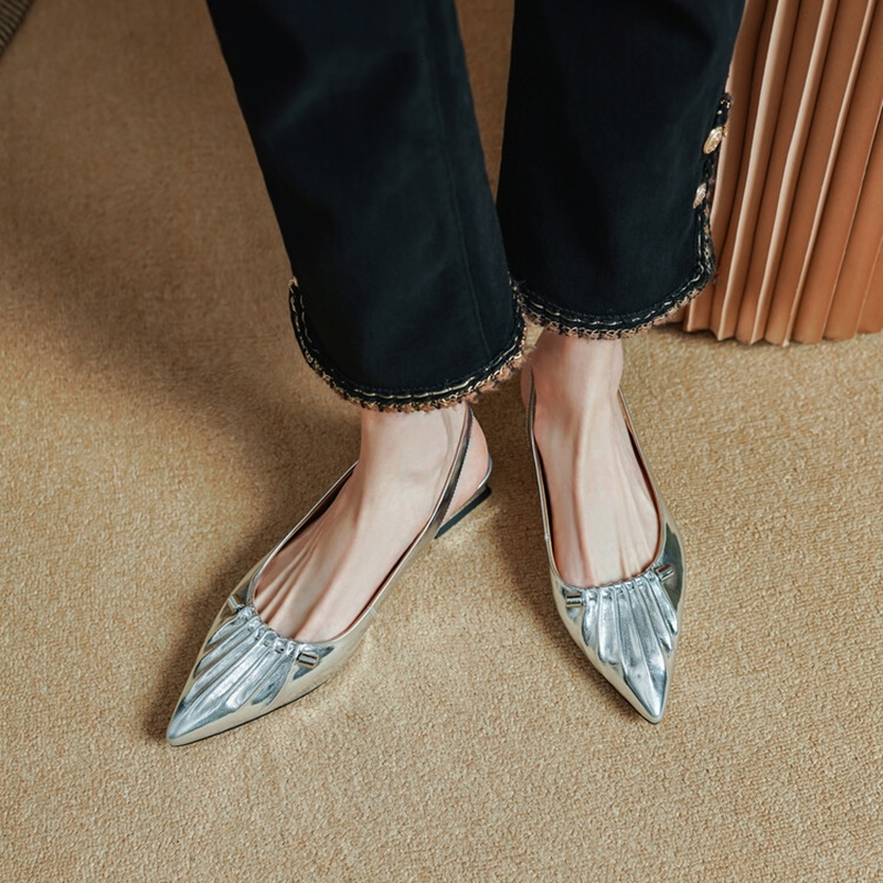 NEW Summer Genuine Leather For Women Pointed Low Heel Shoes Elegant Cover Toe Slingback Pleated Sandals 68