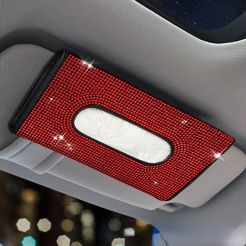 Bling Car Sun Visor Tissue Box Holder Rhinestone Leather Crystal Sparkling Napkin Holder Car Accessories for Women