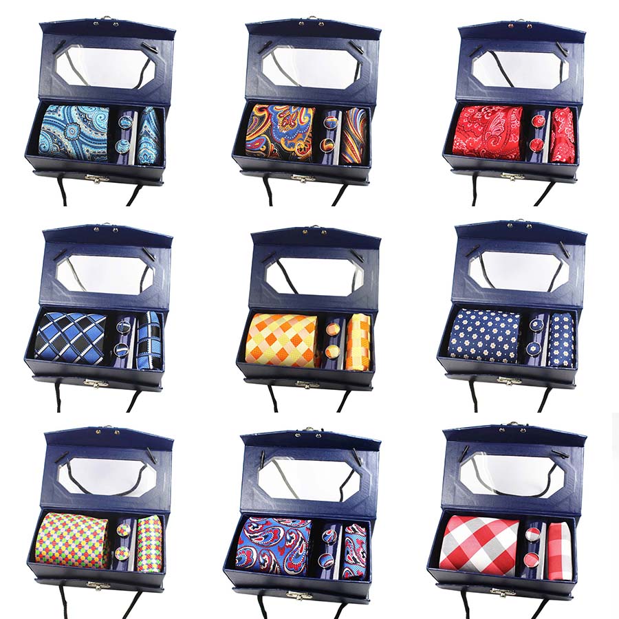 GUSLESON Luxury Silk Men Tie Set Hanky Cufflinks With Gift Box Jacquard Woven Tie Neckties Set For Men Wedding Party