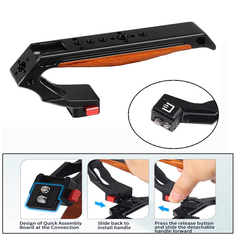 Camera Wooden Handle Quick Release Clamp Top Handle Hand Grip 1/4 3/8 Cold Shoe Mount Adapter for Cage Rig Monitor LED Holder