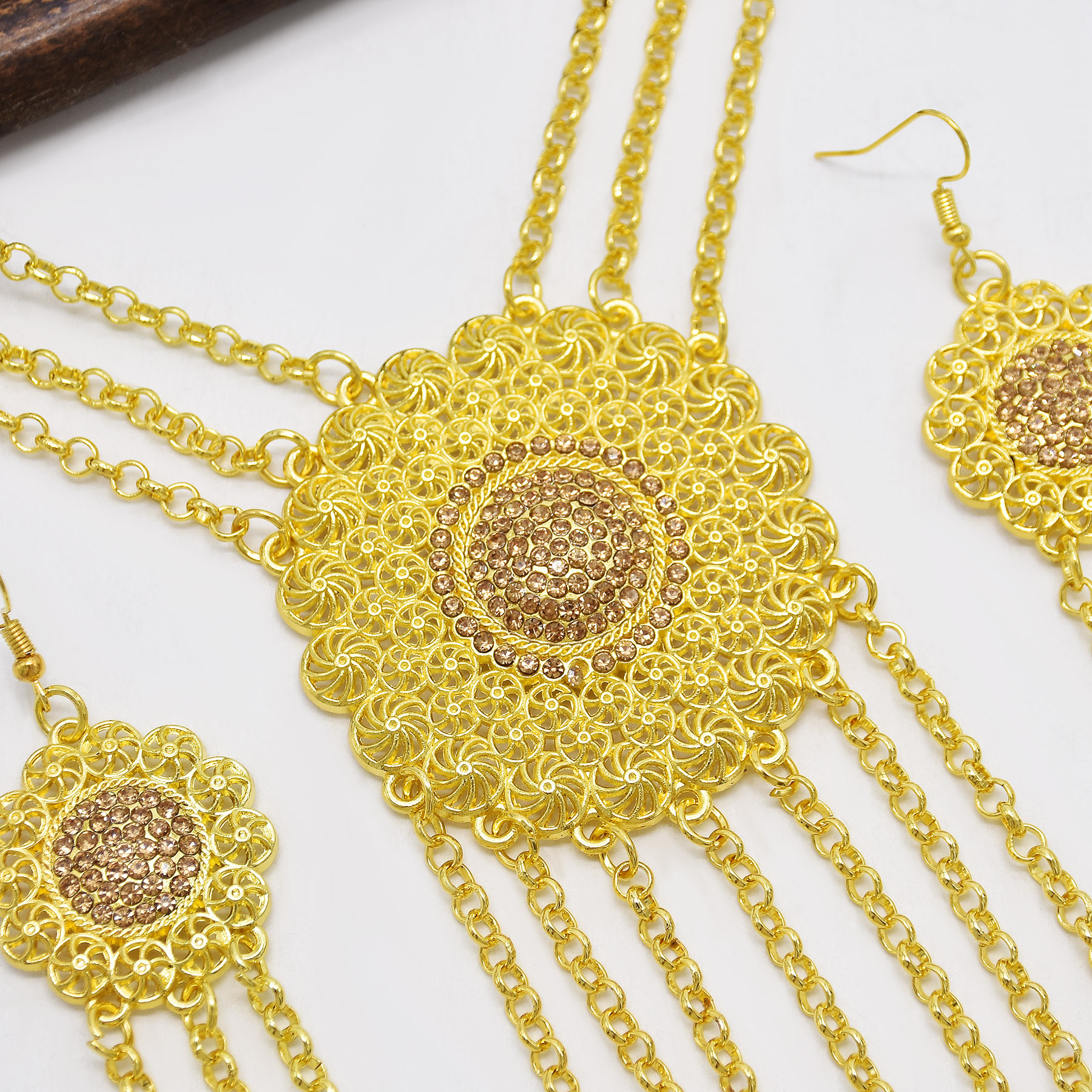 Gold Plated Hollow Flower Long Chain Water Drop Tassel Necklace Earring Jewelry Set Bohemian Ethnic Sunflower Shape Jewelry