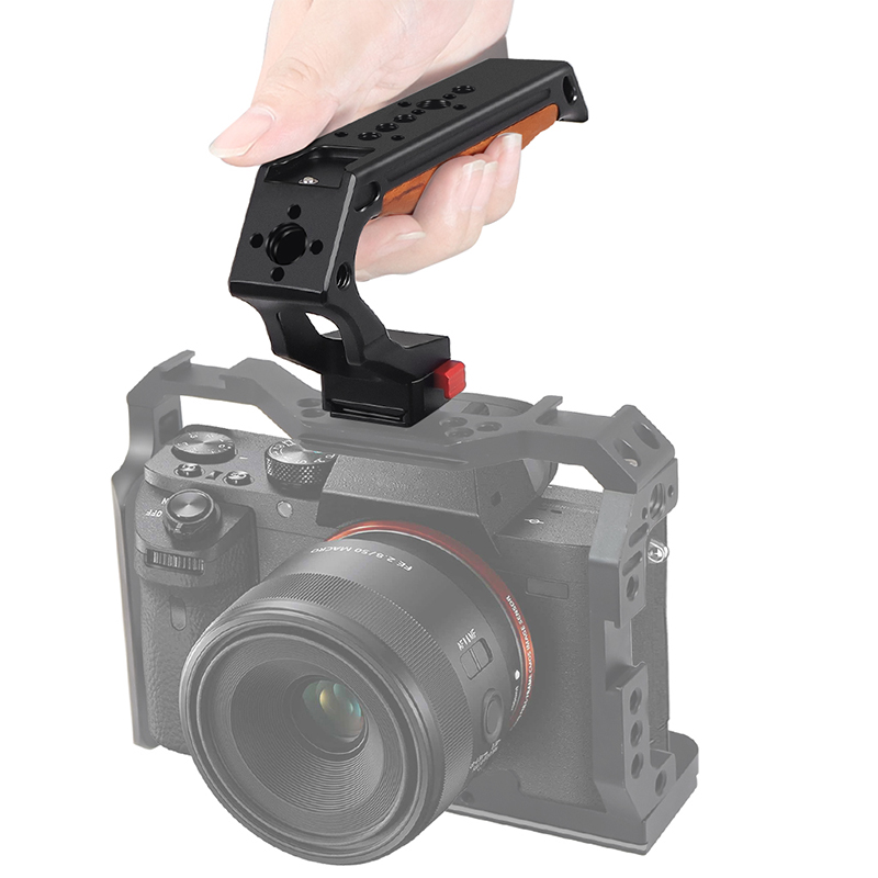 Camera Wooden Handle Quick Release Clamp Top Handle Hand Grip 1/4 3/8 Cold Shoe Mount Adapter for Cage Rig Monitor LED Holder