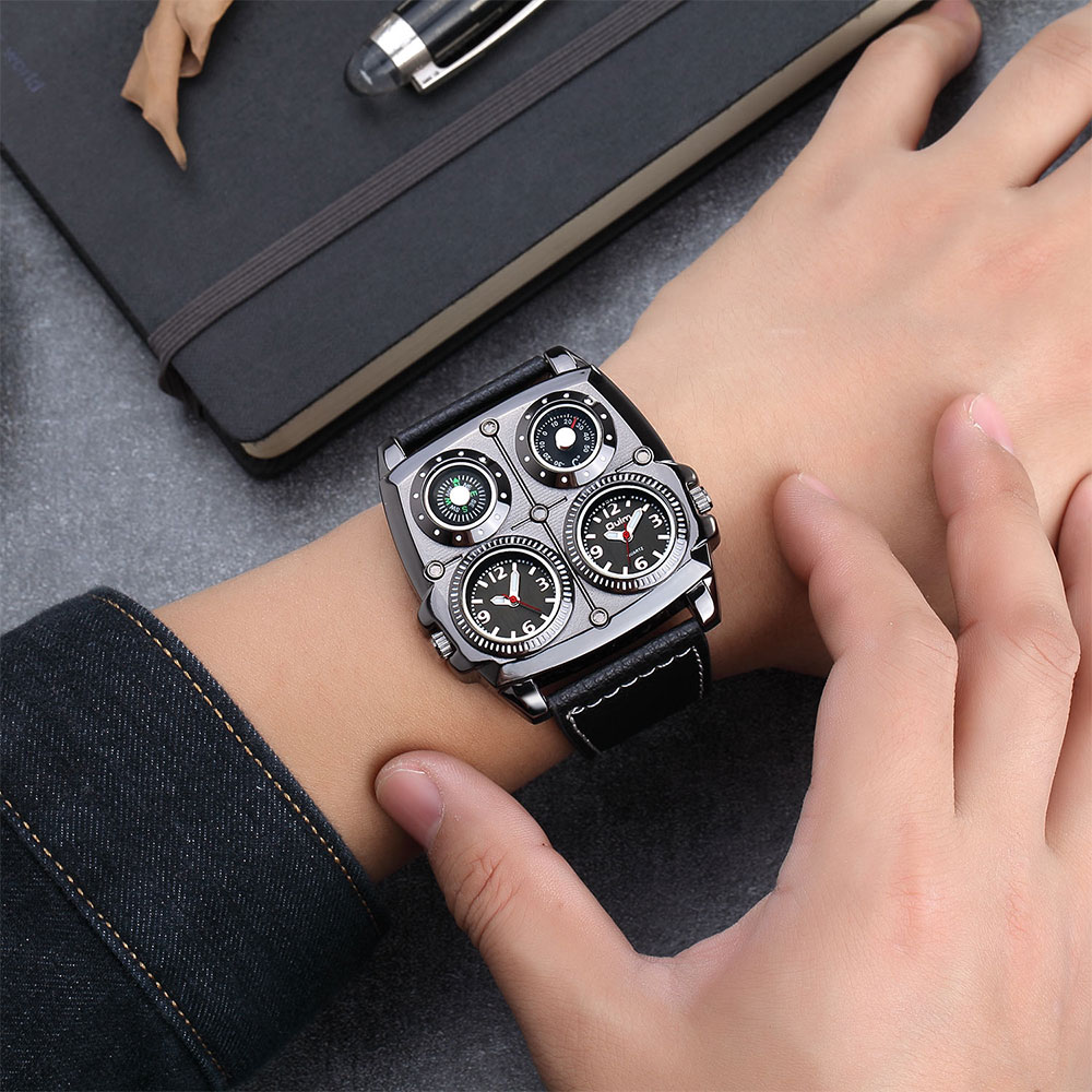 Oulm 1140 Men's Watches Big Size Square Dial Sport Male Quartz Wristwatch Decorative Compass Leather Strap Watch