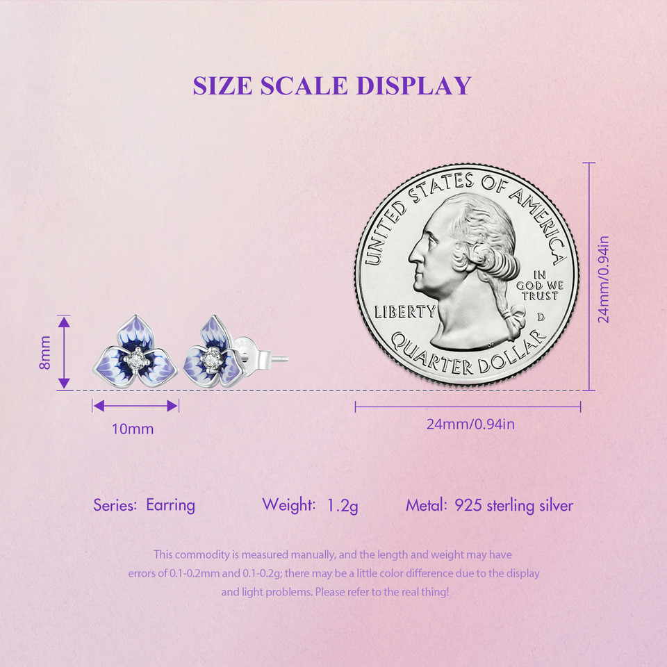 BISAER 925 Sterling Silver Pansy Flower Stud Earrings Enamel Purple Plated Platinum Ear Clip For Woman Party Fine Jewelry EFE860