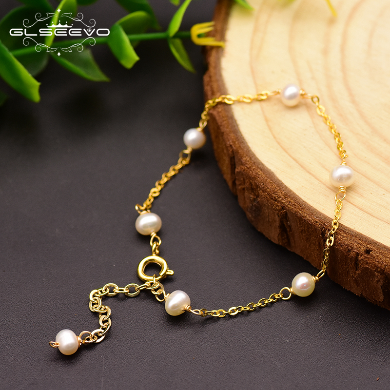 GLSEEVO Original 925 Sterling Silver Natural Fresh Water Pearl Adjustable Handmade Bracelet For Women Gift Fine Jewelry GB0142