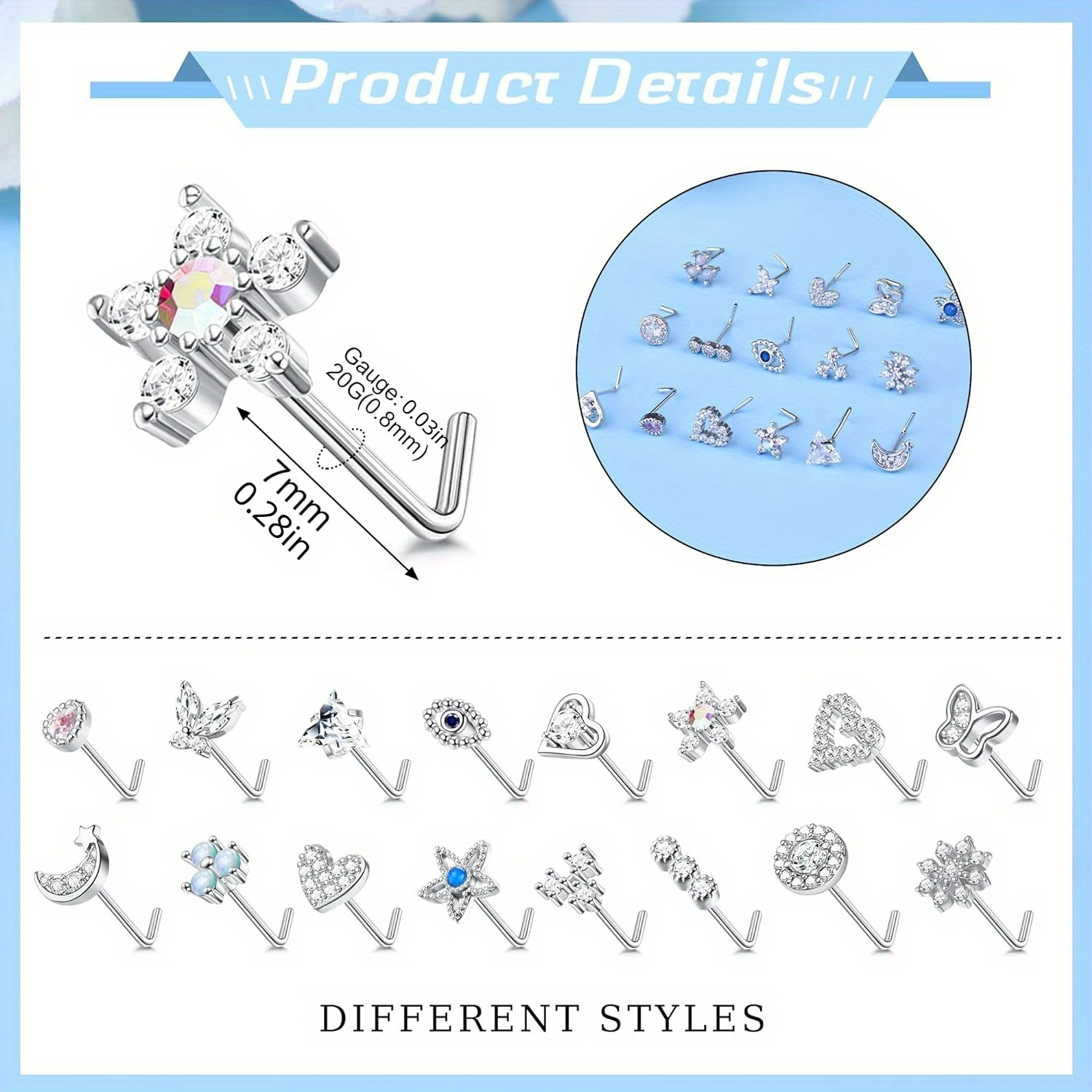 Drperfect 20G Nose Studs Surgical Steel L Shaped Nose Rings Studs for Women Opal CZ Heart Butterfly Nose Piercing Jewelry