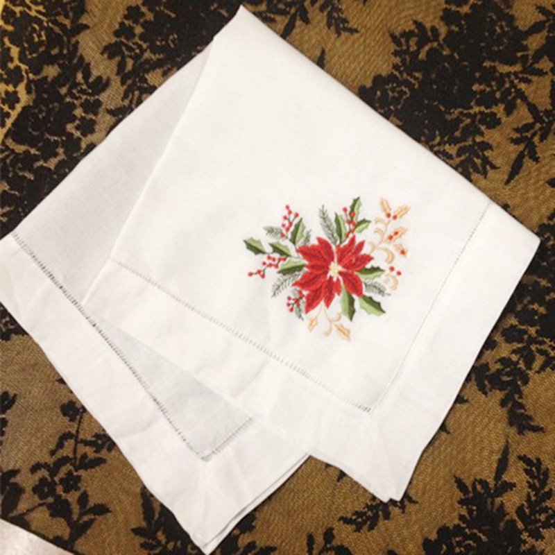 Set of 12 Handkerchiefs Dinner Napkins Table Napkin Hemstitched Border Embroidered Floral White Linen Fabric Cloth 18x18"/20x20"