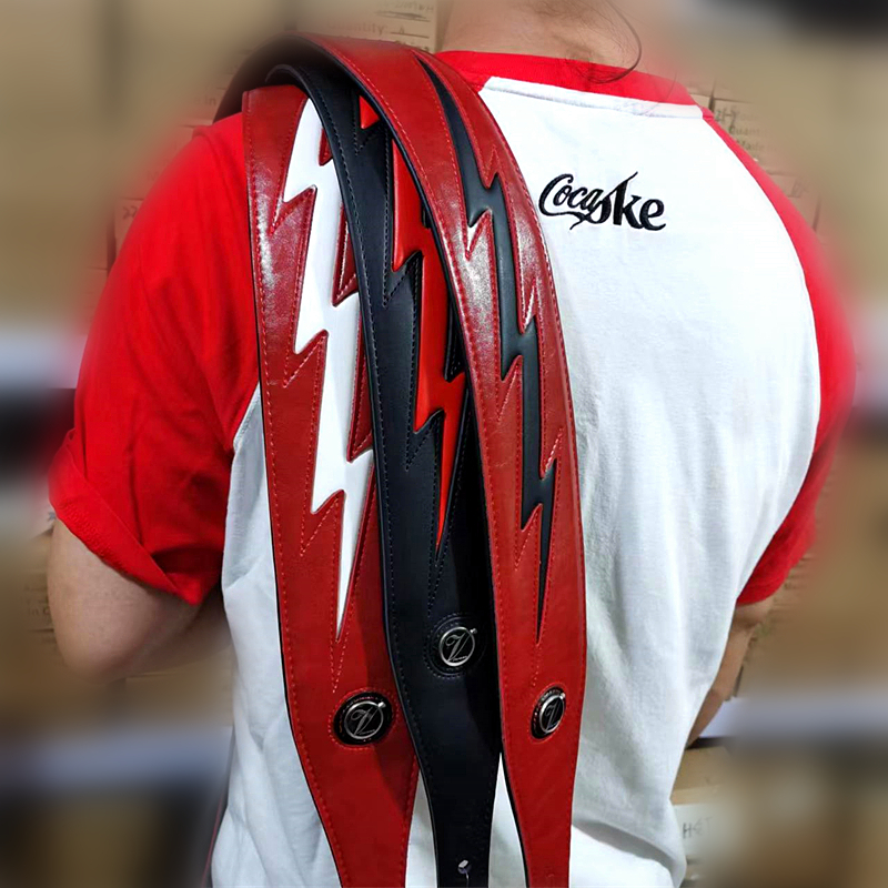 YUEKO Red Black White PU Leather Guitar Strap Cool Lightning Comfortable Strap for Acoustic Electric Bass Adjustable Length