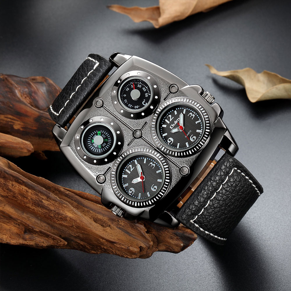 Oulm 1140 Men's Watches Big Size Square Dial Sport Male Quartz Wristwatch Decorative Compass Leather Strap Watch