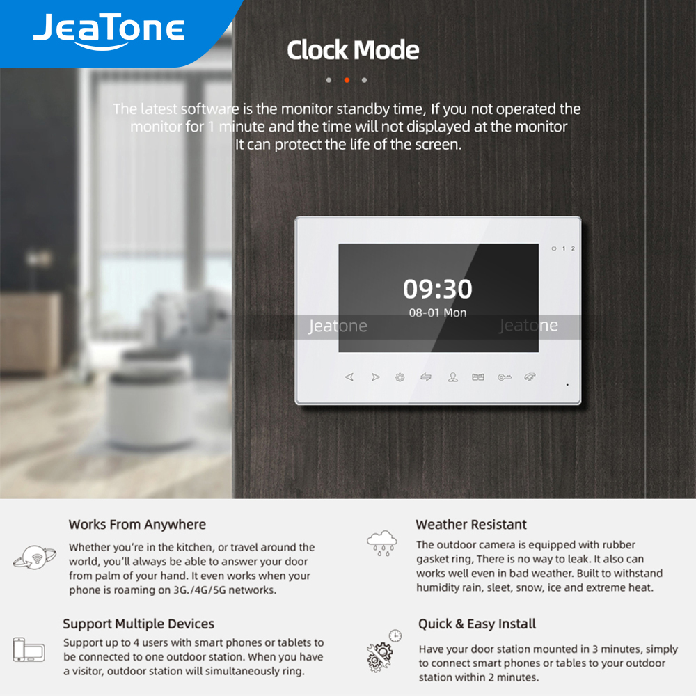 Jeatone AHD/960P 7 Inch Slave Single Monitor for Video Door Phone Intercom System Support Video Record, Day/Night Vision