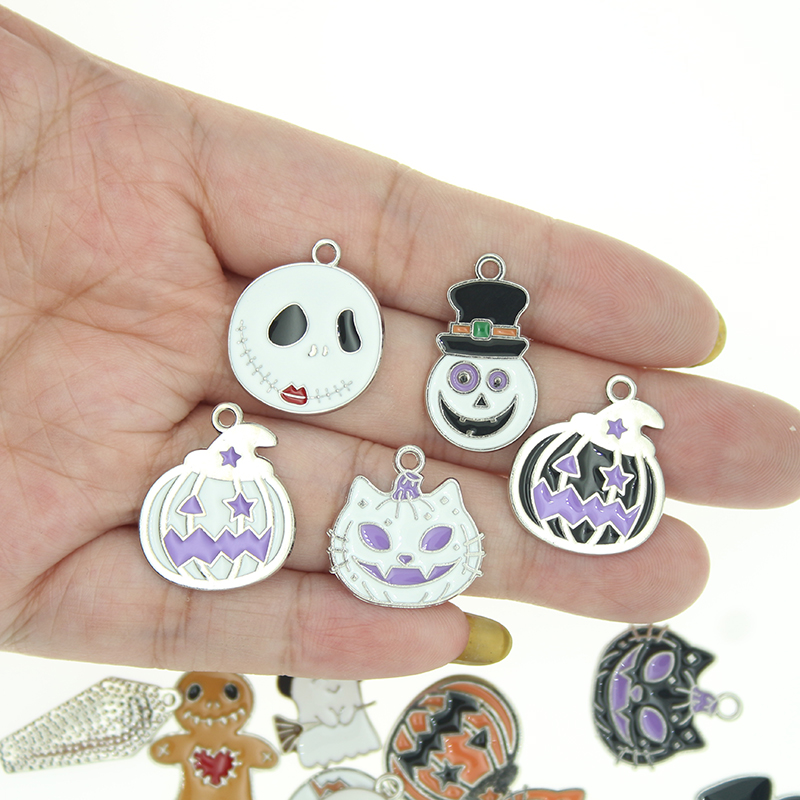 10pcs/lot Silver Color Halloween Charms Enamel Pumpkin Bat Ghost Cat Pendant for Jewelry Making Necklaces Earring DIY Crafts