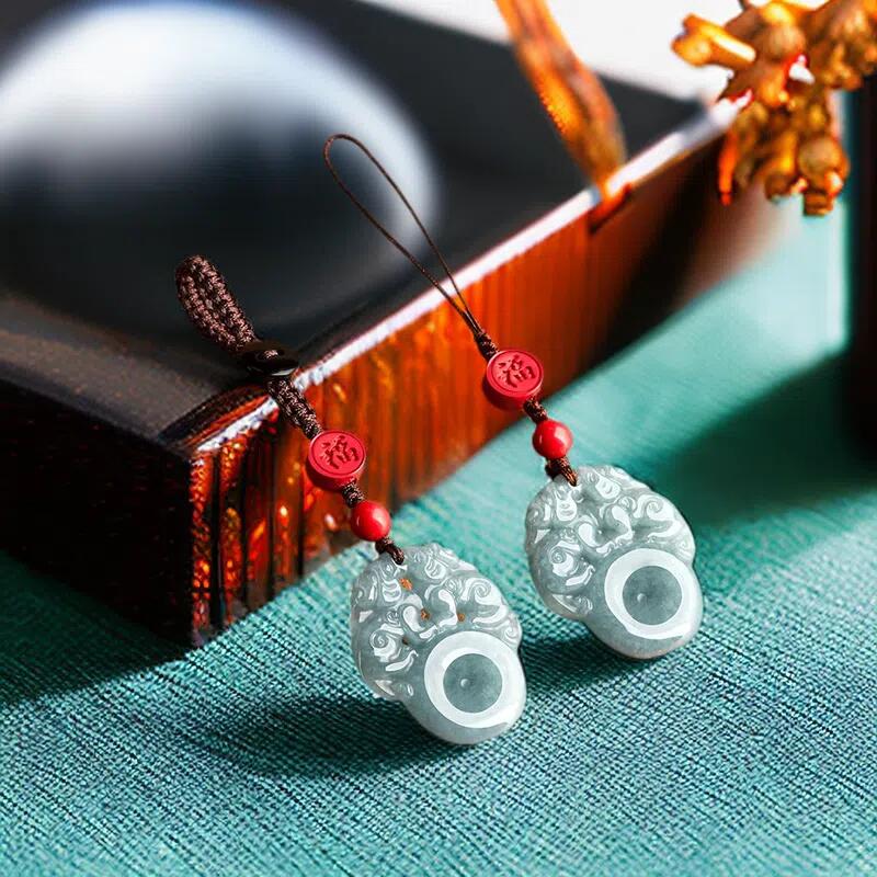 Blue Myanmar Jadeite Pixiu Keychain Real Jewelry key holder Luxury Natural Burmese Jade Designer Cute Phone Charm Bag Charm