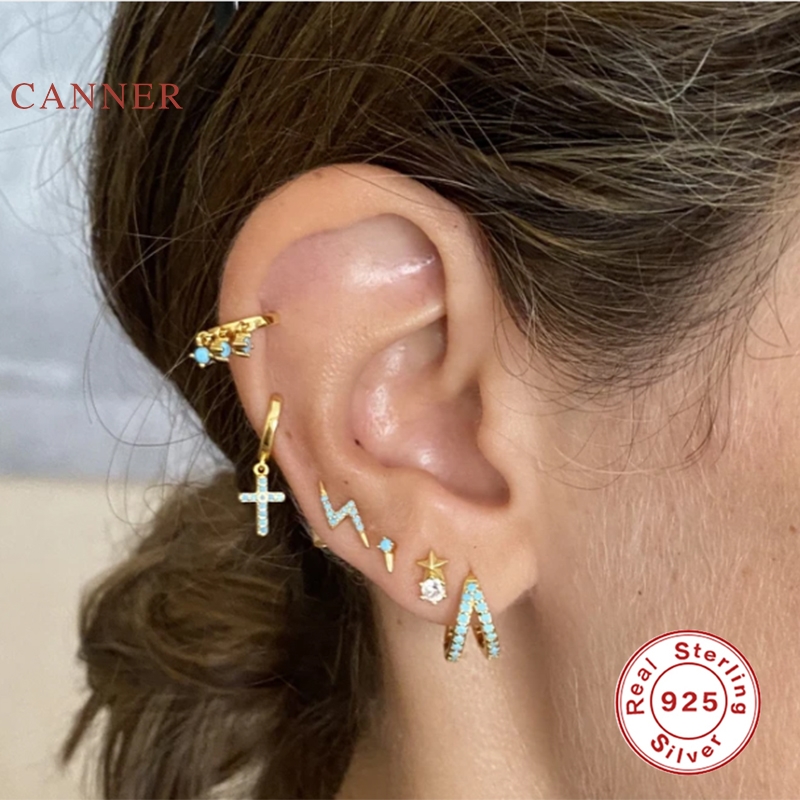 CANNER Real 925 Sterling Silver Earrings For Women Double Row Turquoise Personality Earrings Hoops Jewelry Aretes De Mujer