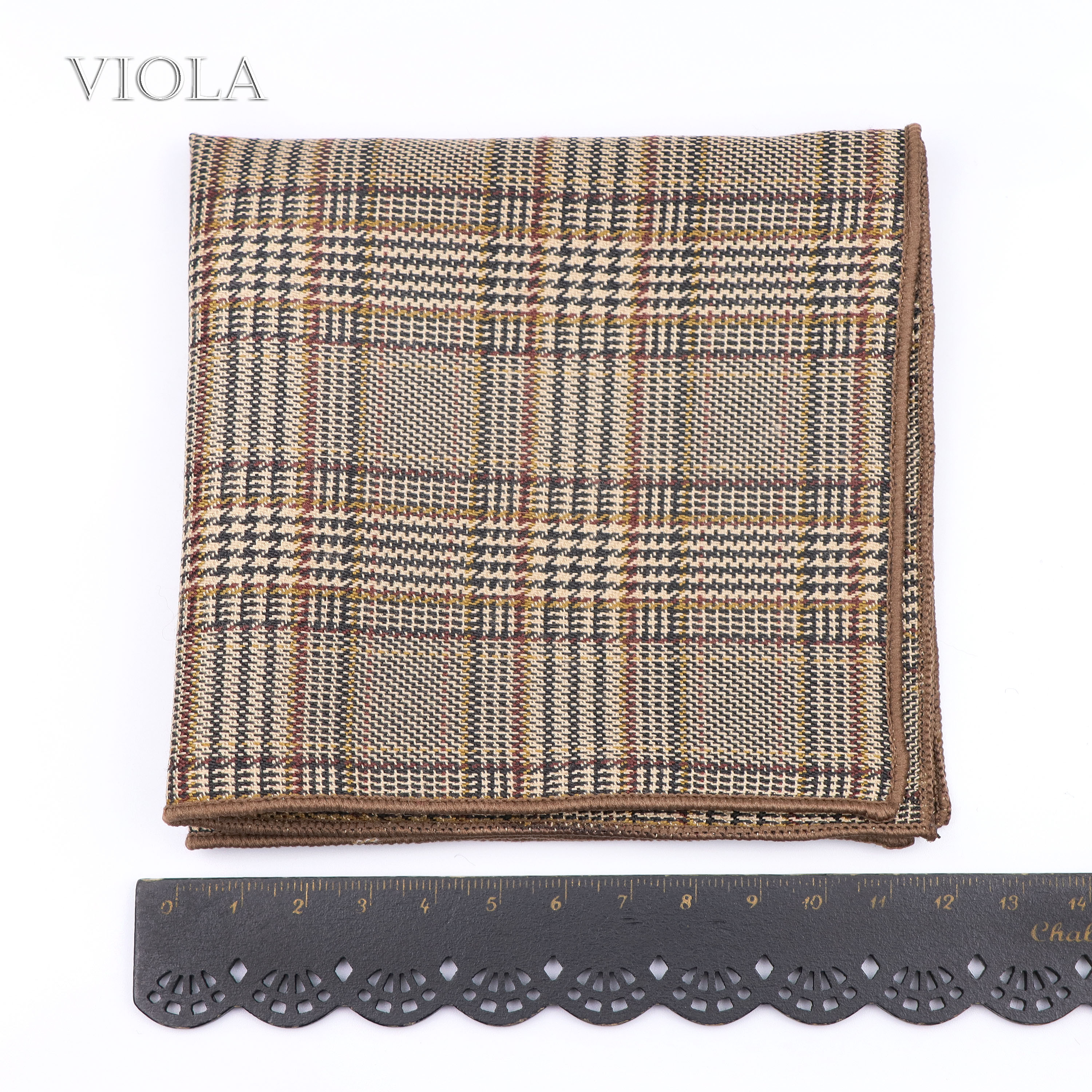 Classic Plaid Striped Wool Tie Matching Pocket Square 24cm Men Brown Suit Hanky Party Daily Handkerchief Tuxedo Gift Accessory