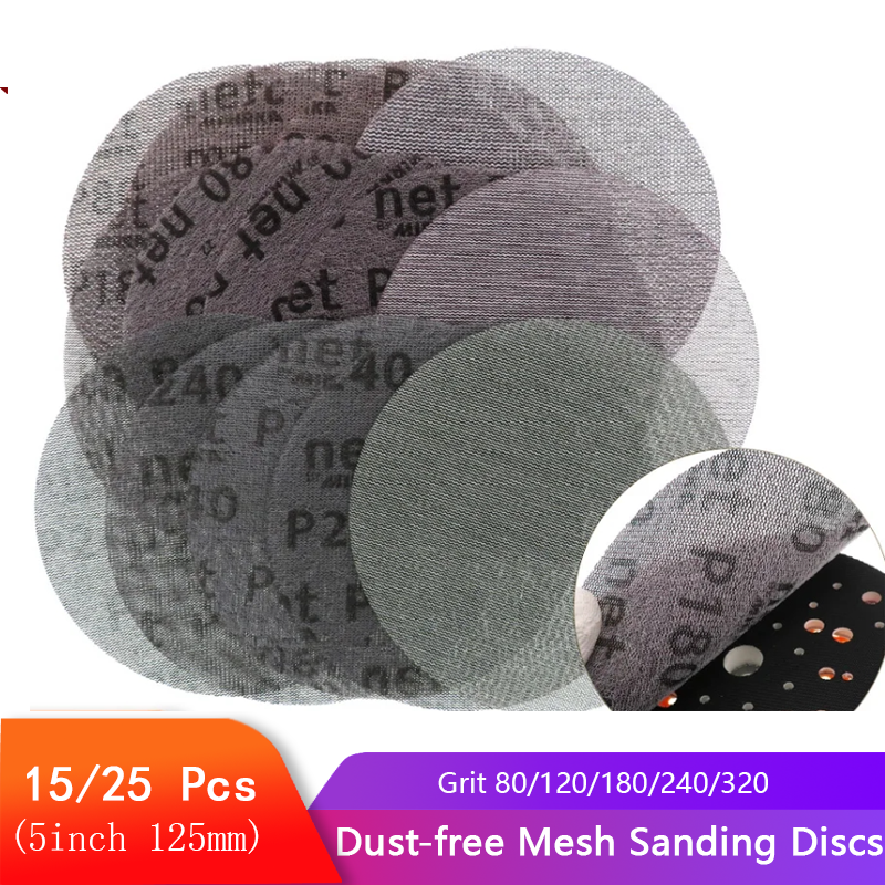 15/25PCS 5 Inch 125mm Mesh Dust-free Anti-blocking Hook&Loop Sanding Discs Round Abrasive Sandpaper 80-320 Grit Decorate Paper