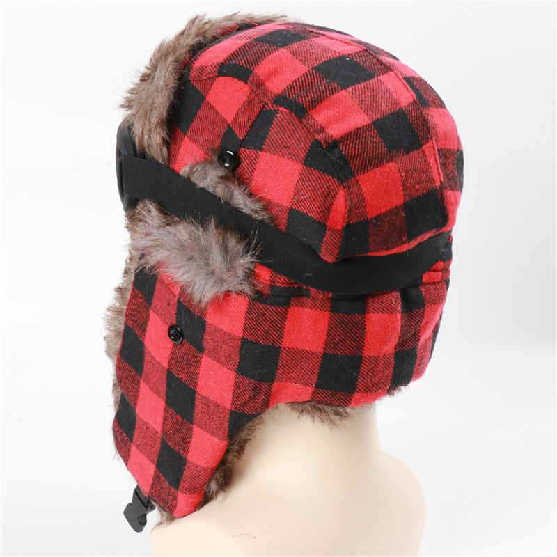 CAMOLAND Plaid Design Winter Bomber Hats Women Men Thermal Faux Berber Fleece Earflap Cap Russian Ushanka Hat With Goggles