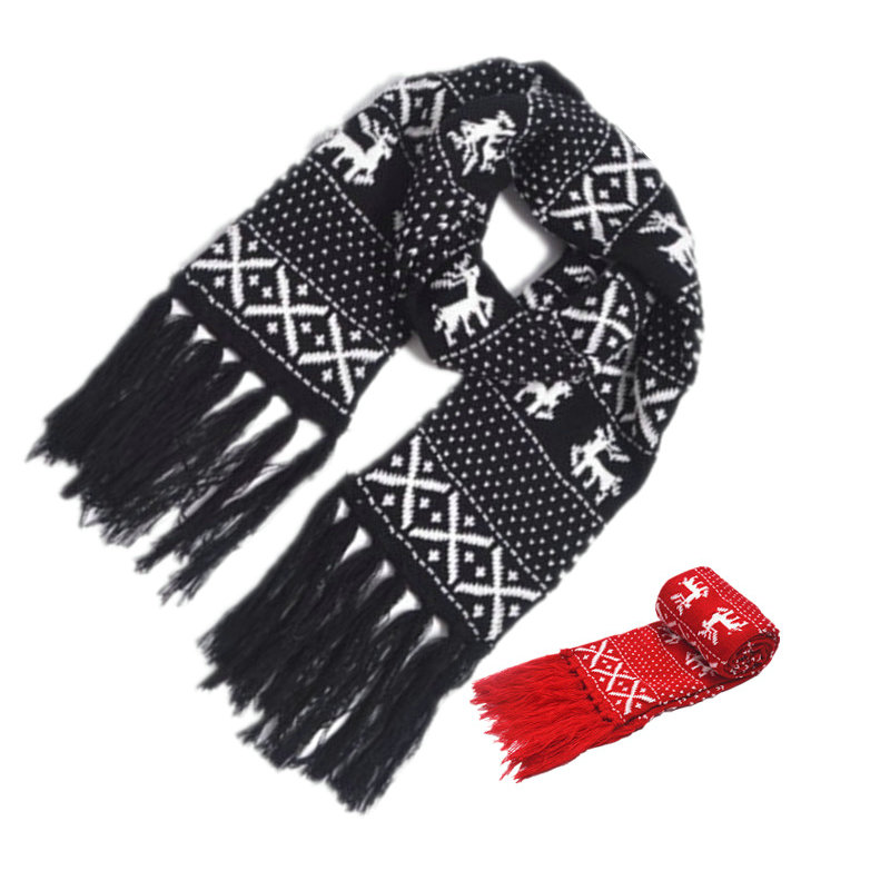 Winter Thick Christmas Scarf Black Red Reindeer Shawls And Scarves For Couple Lovers Long Tassel Knitted Warm Scarves YK492