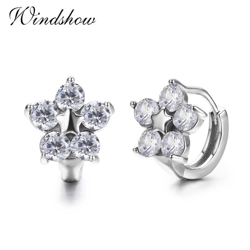 Cute 925 Sterling Silver Star Five Petals CZ Circles Loops Huggies Small Hoop Earrings For Women Jewelry Kids Girls Aros Artes