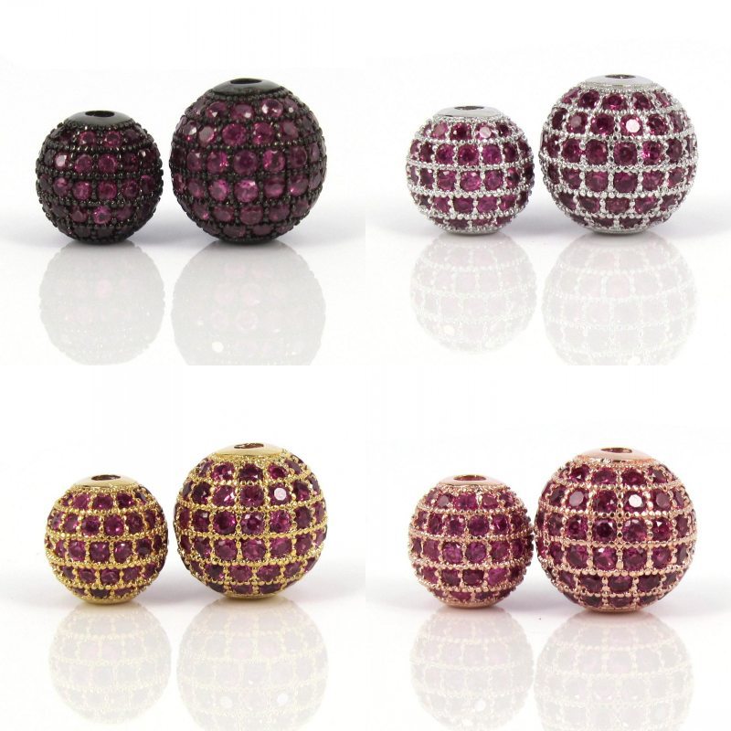 6mm 8mm 10mm 12mm Mixed Gold Silver Black Color & Micro Pave Fuchsia CZ Metal Round Bead For Bracelets Making Jewelry DIY Beads