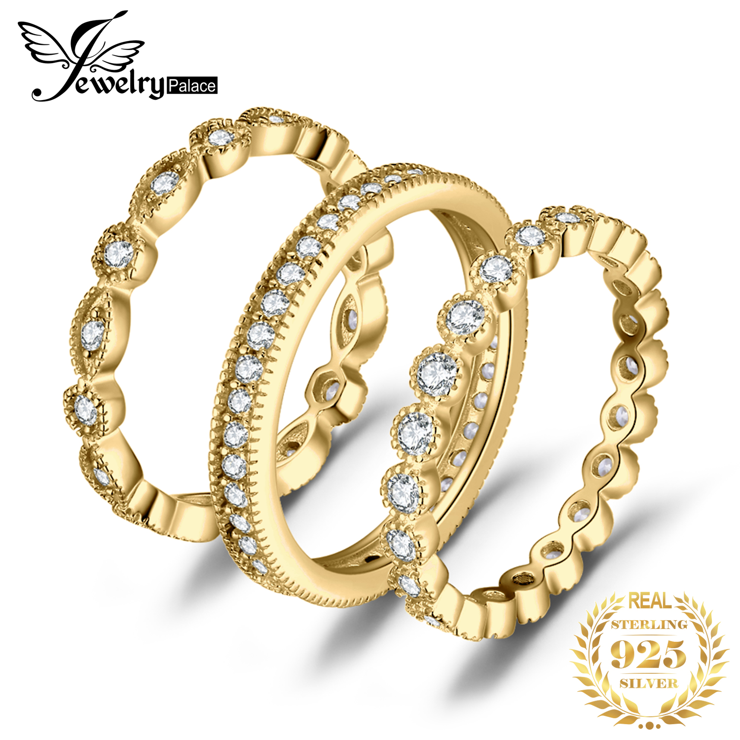 JewelryPalace 3 Pcs 925 Sterling Silver Yellow Rose Gold Band Ring Set Women Stackable AAAAA CZ Simulated Diamond Finger Ring
