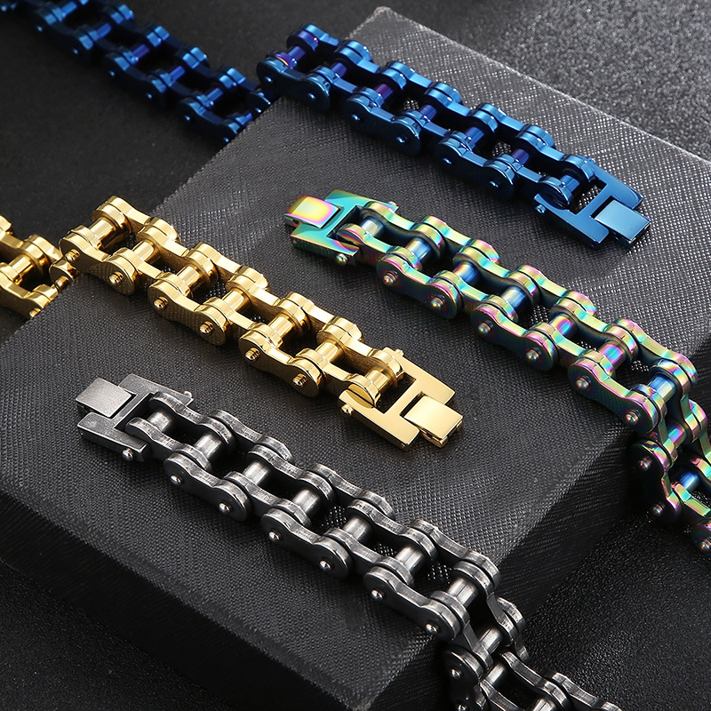 18mm Heavy Punk Rock Men Rainbow Blue Bike Biker Motorcycle Chain Bracelet Jewelry Women Titanium Steel Bicycle Bracelet Bangle