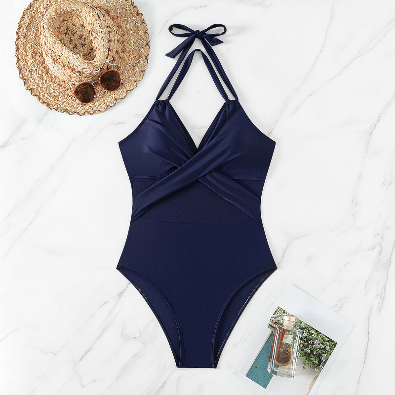 2024 Woman Swimwear Sexy Halter Neck Open Back Solid Swim Clothes One-Piece Suits New Push Up High Waist Bathing Suits Swimsuit