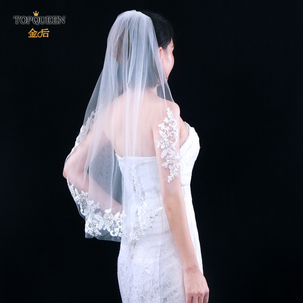 TOPQUEEN V49 100% Handmade Bridal Veil with Comb Lace Embroidery Women's Short Veil Wedding Veils with Lace Shiny Sparkl