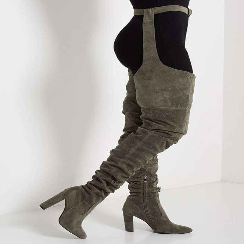 Sestito Women Sexy Side Zipper Thigh Female Belt Trousers Ladies Flock Pointed Toe Suqare High Heels Boots
