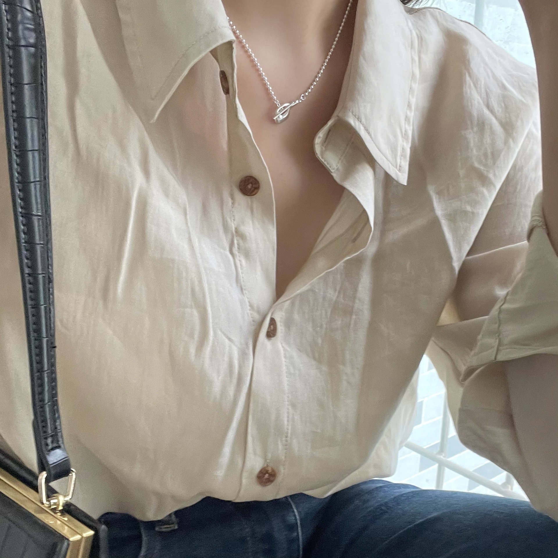 SHANICE 925 Sterling Silver Bead Chain Choker Necklace Irregular O T Hasp Clavicle Chain Necklace for Women 925 Simple Jewelry