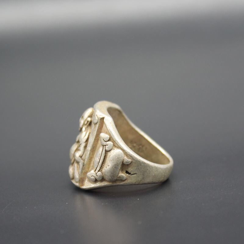 1.2" Chinese Tibetan Silver Carved Maitreya Buddha Jewelry Ring