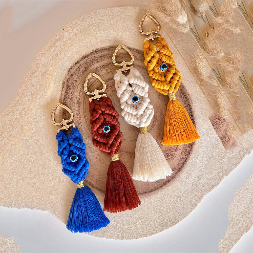 Macrame Tassel Blue Turkish Evil Eye Key Chain Lucky Eye Keychain for Women Men Jewelry Pendant Bag Accessories Handmade Gift