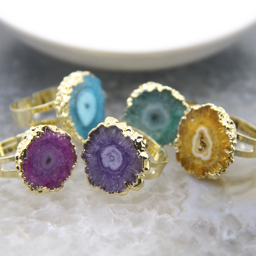 Natural Druzy Solar Quartz Adjustable Golded Women Finger Ring 5 Colors Sun Flower Reiki Heal Drusy Crystal Geode Rings Jewelry