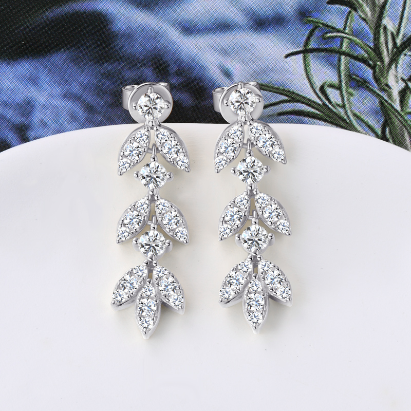 Lnngy 925 Sterling Silver Drop Earrings For Girls Long Tassel Leaf Shape Pave Setting Moissanite Earring 2023 Wedding Jewelry
