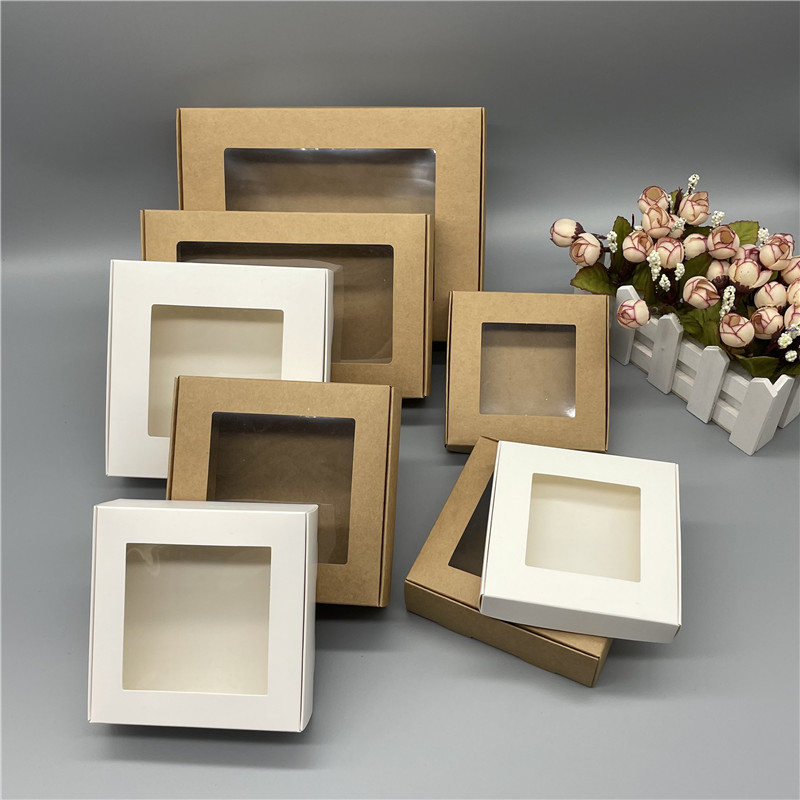 15Pcs Kraft Paper Box Clear PVC Windows Handmade Soap Box White Craft Paper Gift Box Black Packaging Jewelry Boxes