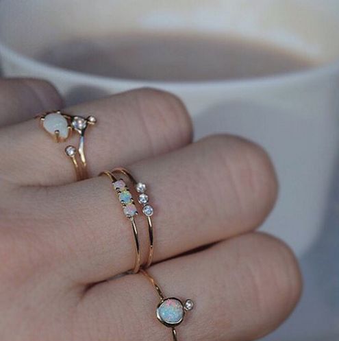 US size 6 7 8 9 10 Gold color prong set white fire opal simple three stone ring for women