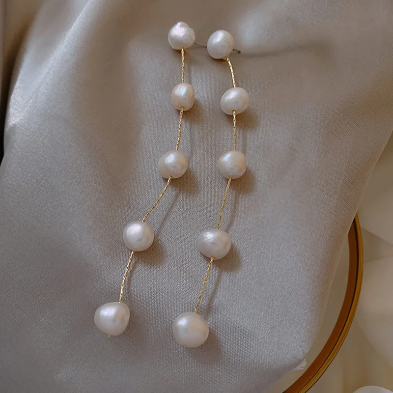 Minar Elegant Irregular Freshwater Pearl Earring for Women Gold Color Chain Thread Long Tassel Dangle Earrings Wedding Jewelry