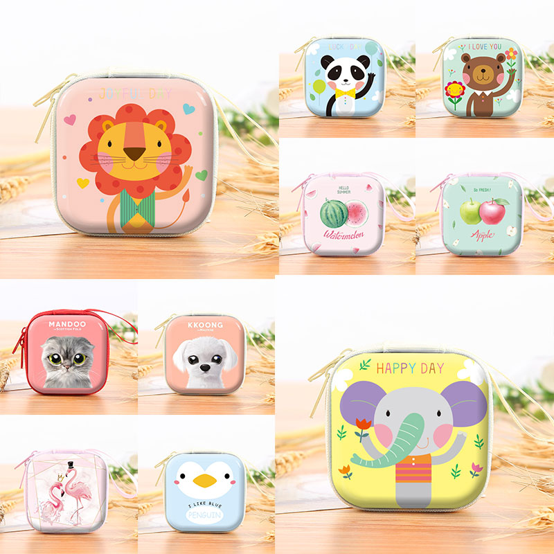 Key Case Tinplate Coin Purse Earphone Pocket Creative Storage Box Unisex Coin Purse Headphone Bag Zipper Cute Panda Cat Dog Duck