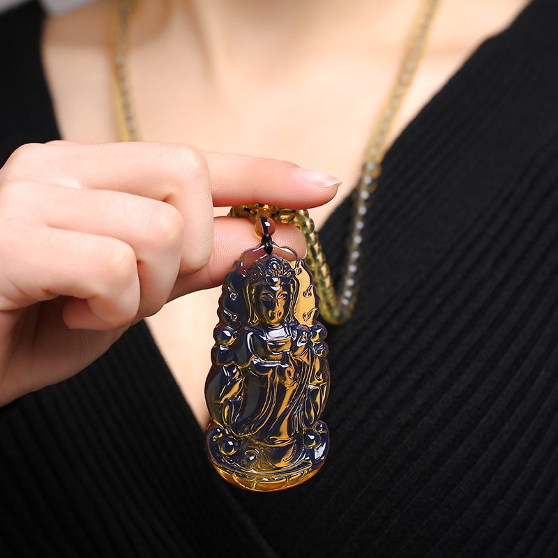 Buddha Necklace Natural Domi Blue Potter Pendant Sweater Chain Raw Mineral Honey Wax Amber Men's Guanyin Necklace Pendant