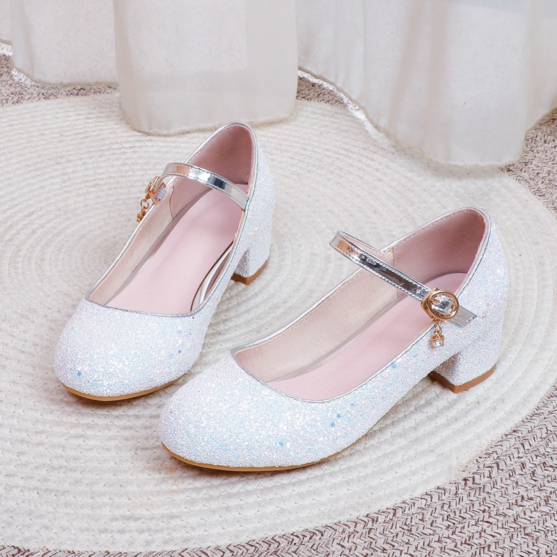 Sweet Girls Performance Party Sequin Fairy Shoes Pink Gold Silver Red Round Toe Middle Heels Wedding Mary Jane Pumps Size 34-43