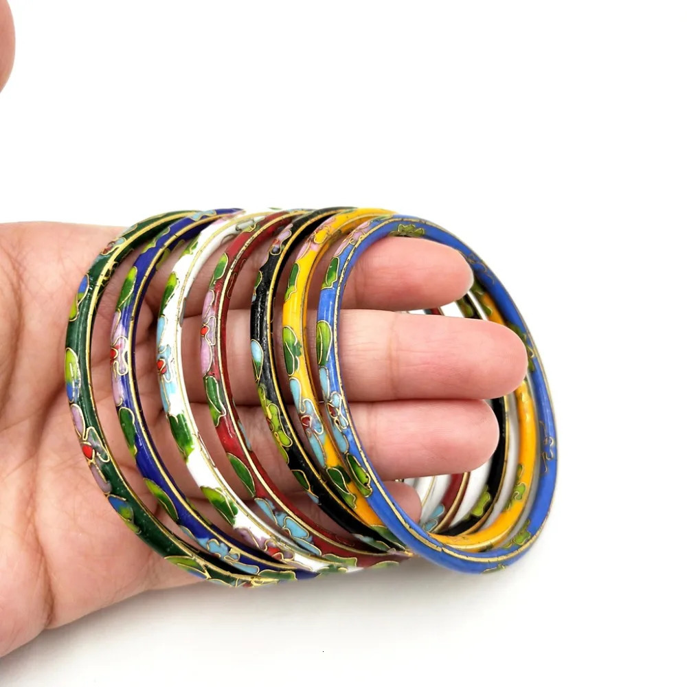 Lii Ji 7PCS/lot Chinese Cloisonne Enamel Cuff Hollow Bracelet Bangle Casual Style Mothers Gift Drop 240624