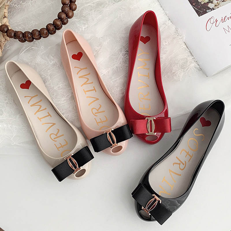Rainproof Summer woman jelly flats peep toe non-slip ballerina mujer pisos butterfly-knot candy shoes for women pvc loafers 2020