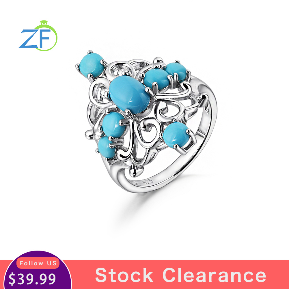 GZ ZONGFA Original 925 Sterling Silver Rings for women Seven Natural Turquoise Ring 1.5 Carats Rhodium Plated Fine Jewelry